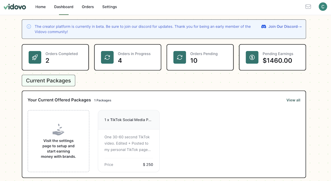 UGC Platform Dashboard example showing analytics, orders in progress, and earnings