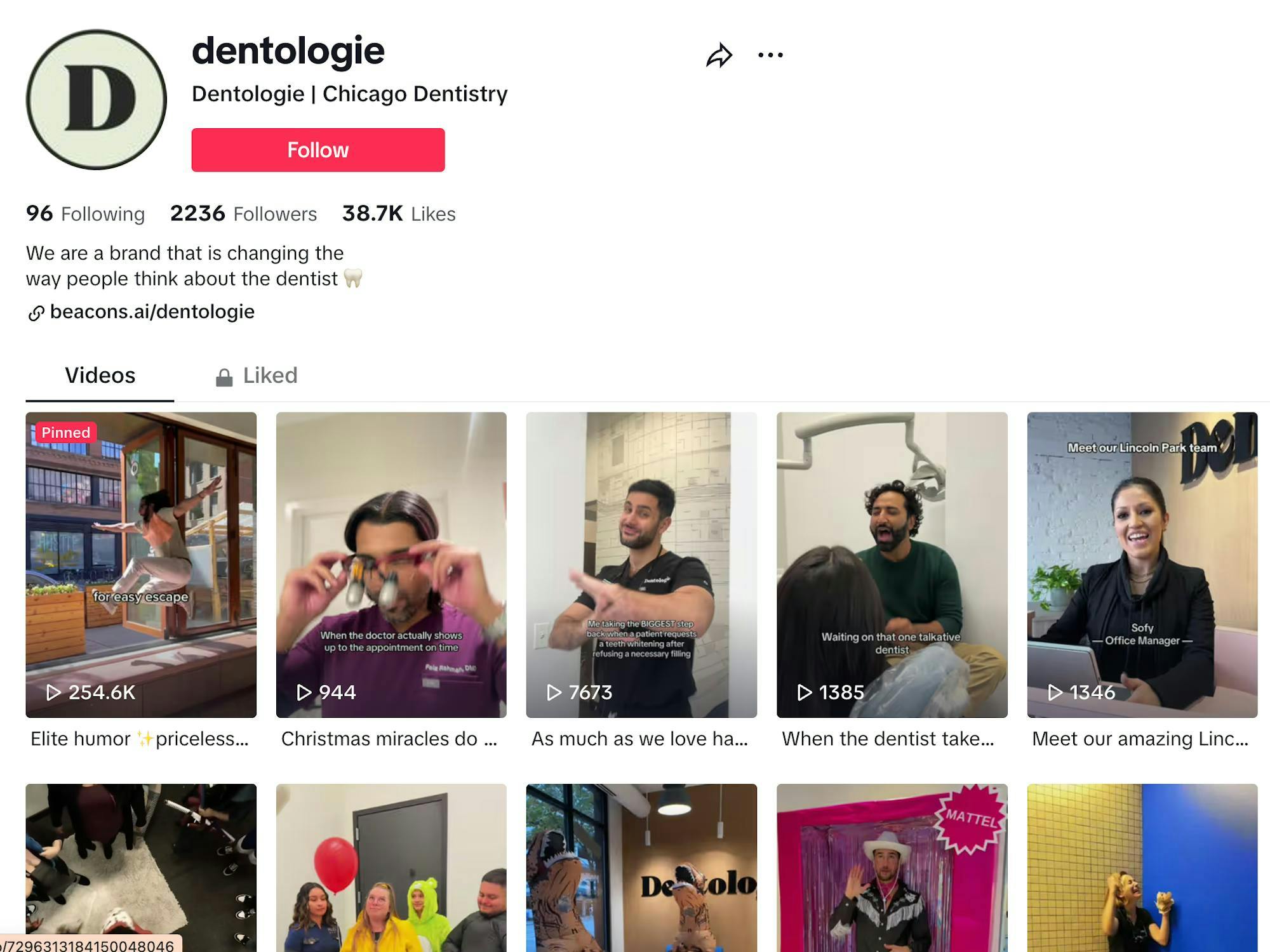 Dentologie - A screenshot of their tiktok page as an example for dentist social media marketing